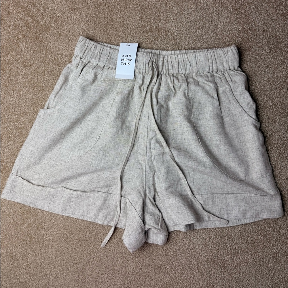 And Now This Linen Blend Shorts Tan Elastic Waist Drawstring Pockets Women S NWT